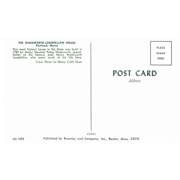 Postcard Wadsworth Longfellow house Portland Maine built 1785 Chrome era - Picture 2 of 2